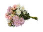 Bouquet of flowers with pink dahlias, pink gerberas, and white chrysanthemums.