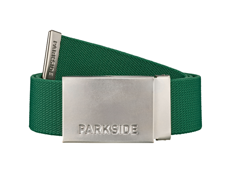 Green fabric belt with a silver buckle featuring the text 'PARKSIDE'.