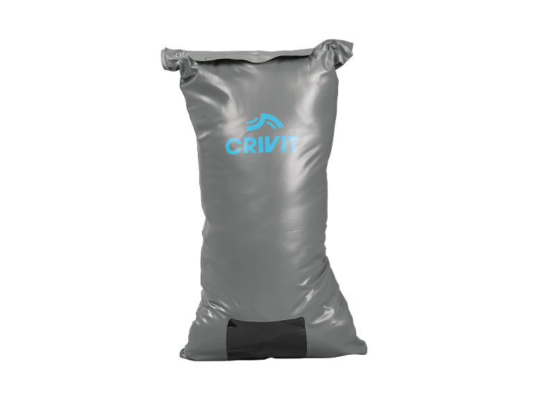 Grey waterproof bag with a blue logo and a black window at the bottom.