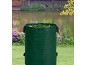 Green garden waste bag filled with leaves, set against a pond and greenery.