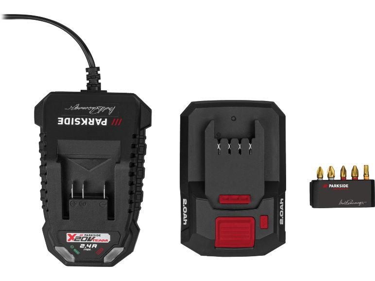Battery charger, 2.0Ah battery, and a set of screwdriver bits.
