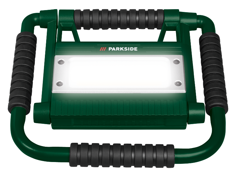 Green work light with white illumination and black handles.