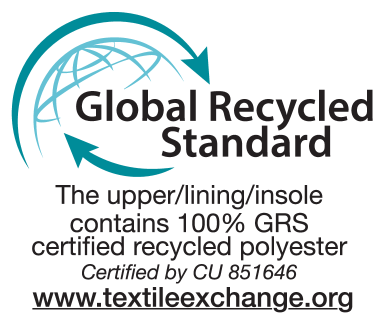 Global Recycled Standard certification: The upper/lining/insole contains 100% GRS certified recycled polyester, certified by CU 851646.