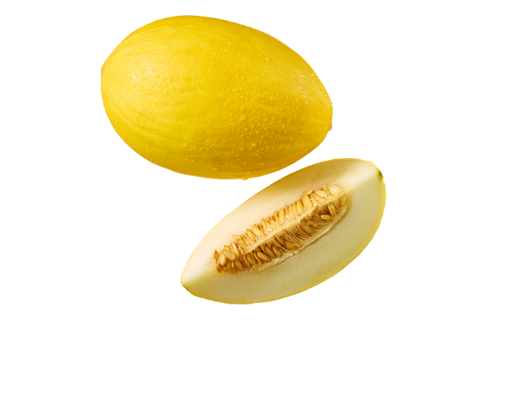 Whole yellow melon and a slice with seeds on a black background.