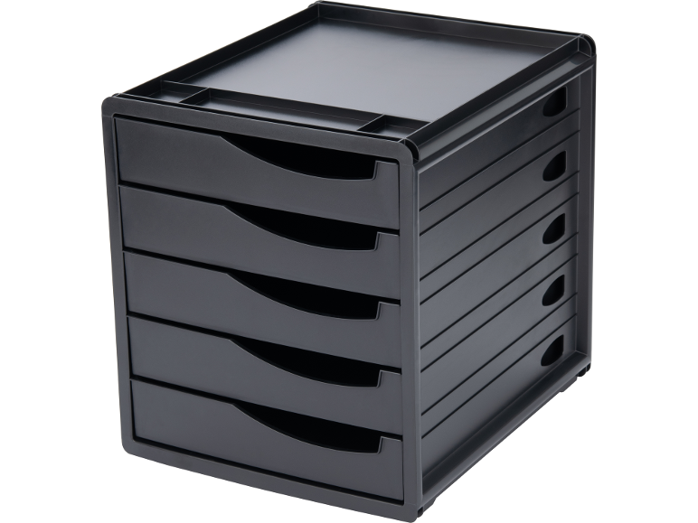 Black plastic document organizer with five pull-out drawers and a top tray.