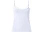 White women's spaghetti strap camisole with lace trim at the neckline.