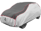 Two-tone car cover in grey and silver with red piping, featuring a front triangle detail.