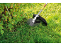 Brush cutter with a blade next to bushes and grass.