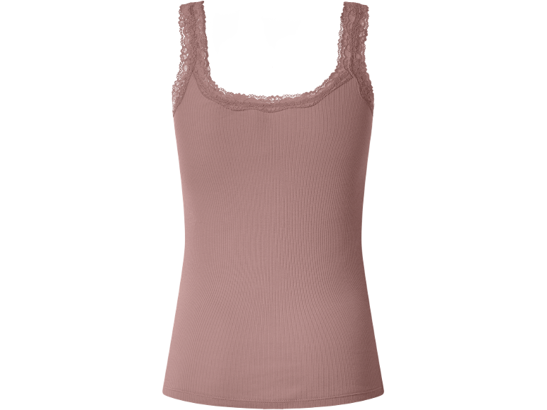Pink ribbed camisole with a square neckline and lace trim.