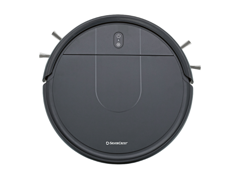 Dark gray round robotic vacuum cleaner with side brushes and control buttons.