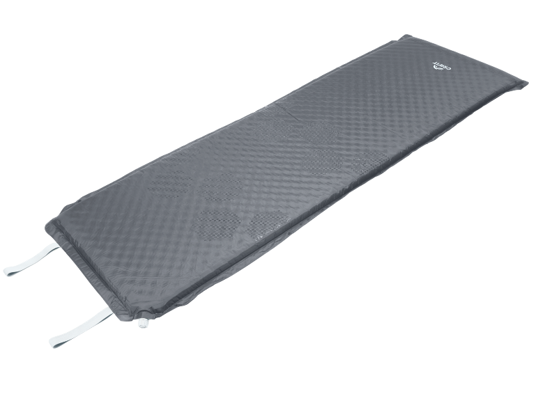 Gray self-inflating camping mat with a pattern and straps.