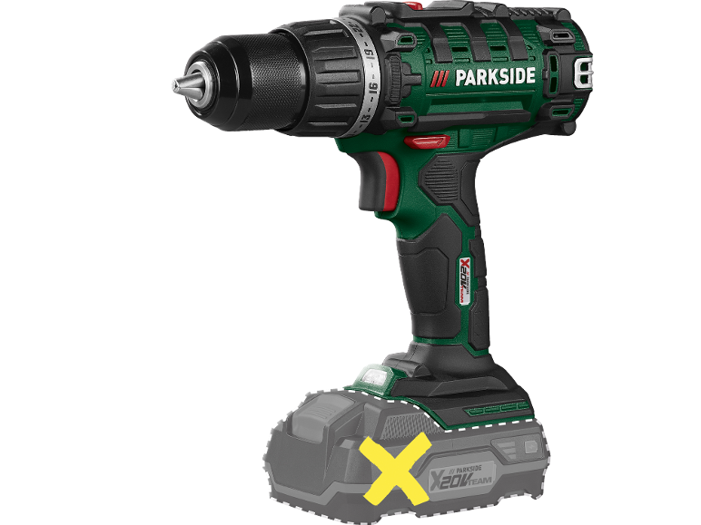 Green and black cordless drill with battery, with a yellow X symbol on the battery.