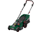Cordless lawnmower with a grass collection bag and an adjustable handle.