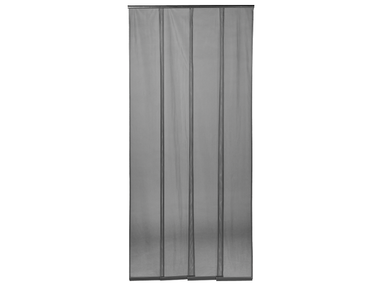 Grey roller blinds with vertical stripes.