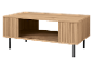 Light wood TV cabinet with fluted sliding doors and black legs