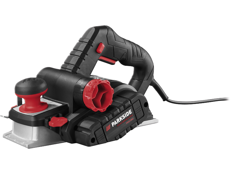 Electric planer with red accents and a black body.