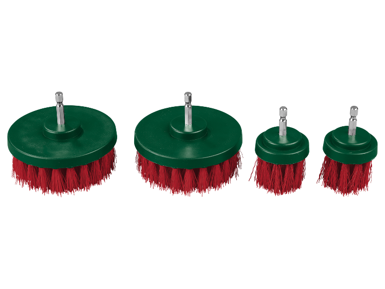 Set of four electric cleaning brushes of varying sizes with red bristles and green bases.