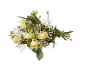 Bouquet of white roses with green leaves and small flowers on a black background.