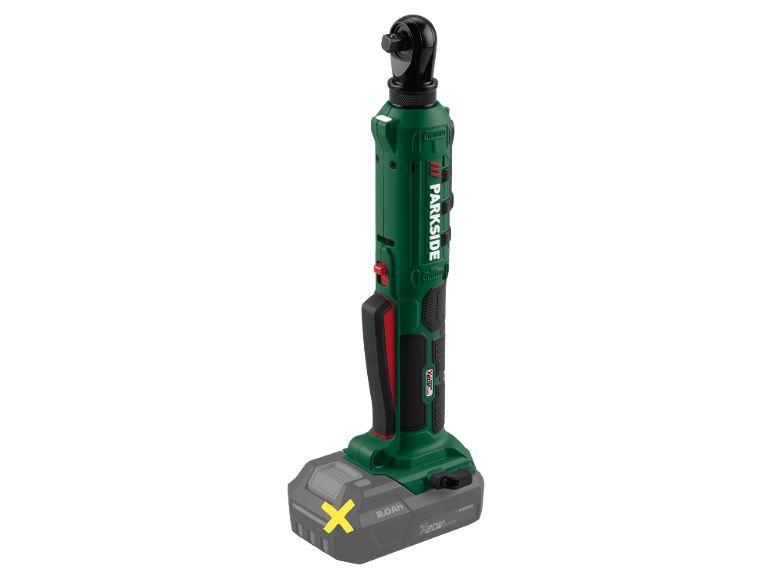 Cordless ratchet wrench with a green body and a grey battery pack