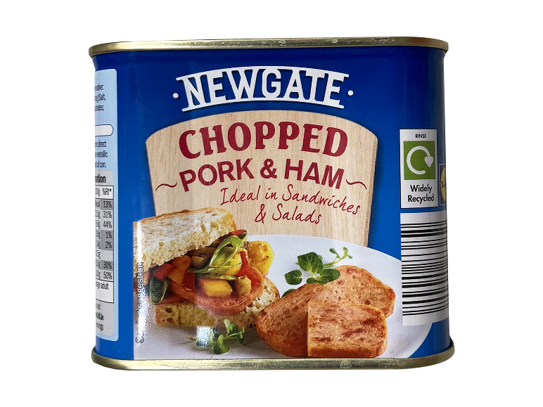 Can of chopped pork and ham, ideal for sandwiches and salads.