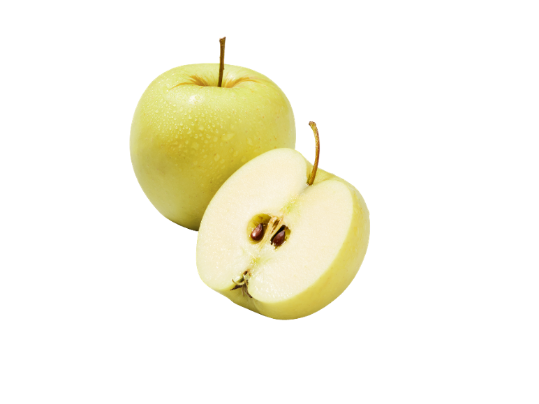Two green apples, one whole and one halved, on a black background.