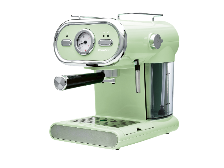 Retro mint green espresso machine with a pressure gauge and chrome details.