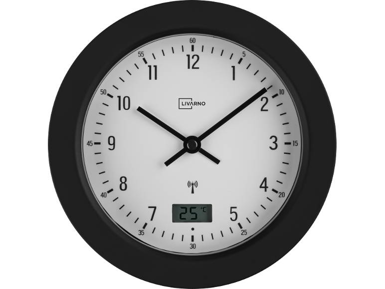 Round wall clock with a digital thermometer displaying 25 °C.