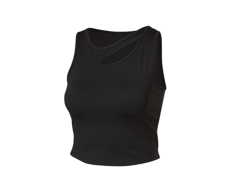 Black women's sleeveless top with a cutout detail at the neckline.