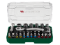 Socket wrench and screwdriver bit set in a green and clear case.