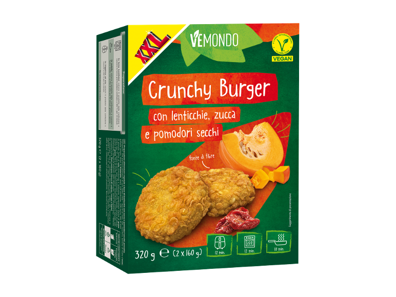 Box of crunchy vegan burgers with lentils, pumpkin, and sun-dried tomatoes.