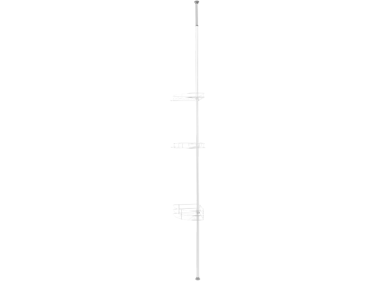 Bathroom telescopic pole with three corner baskets made of chrome steel.