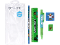 Stationery set with pencil, ruler, pen, and stickers in a transparent case.
