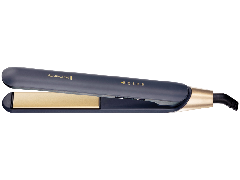 Dark blue and gold hair straightener with visible temperature settings.