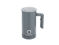 Gray electric milk frother with a transparent lid and control buttons.