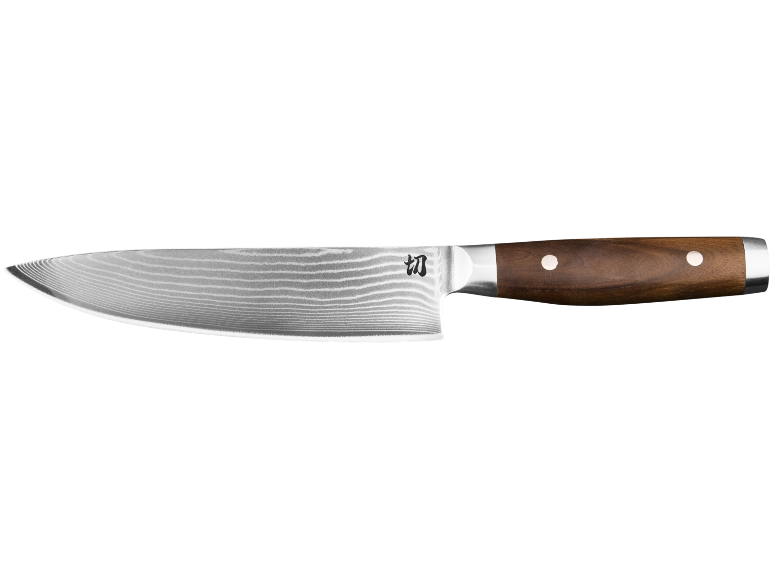 Kitchen knife with Damascus pattern blade and wooden handle.