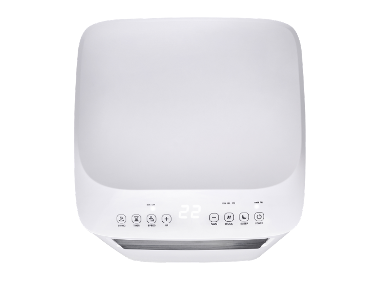 White portable air conditioner with a digital display and control buttons.