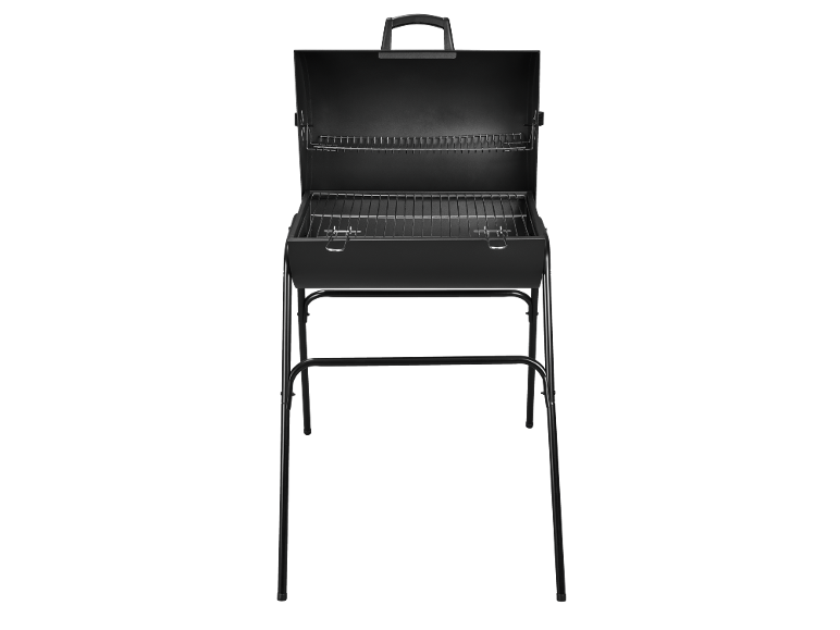 Black charcoal grill with a lid and grates, mounted on a stand.