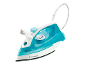 Steam iron in white and turquoise with a temperature dial and cord.