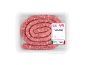 Raw pork sausage coiled in a spiral, in packaging, with a label.