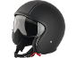 Black motorcycle helmet with a visor and grey stripes.