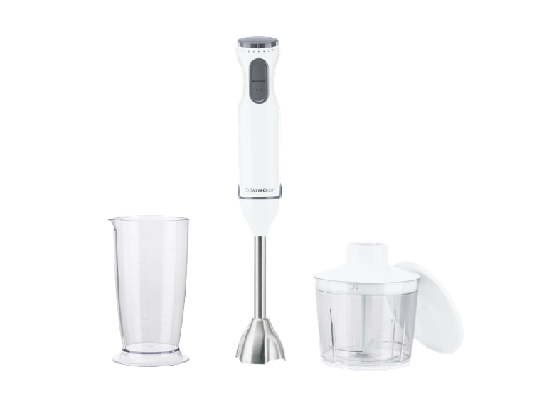 White immersion blender with a measuring cup and a chopper.