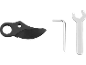 Pruner blade, hex key, and open-end wrench on a black background.