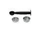 Black measuring spoon and two metal coffee filters.
