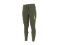 Olive green women's sports leggings with a drawstring and a yellow zippered pocket.