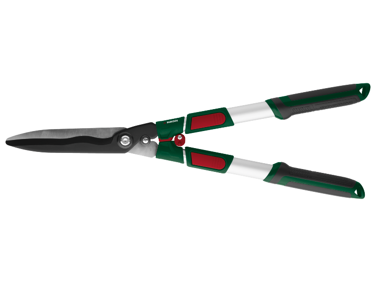 Green and white hedge shears with red accents and black handles.