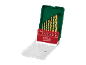 Set of golden metal drill bits in a red holder with sizes from 1.5 to 8 mm, in an open green case.