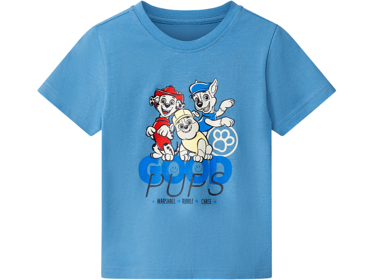 Blue short-sleeved t-shirt with a print of three cartoon puppies and the text 'COOL PUPS'.