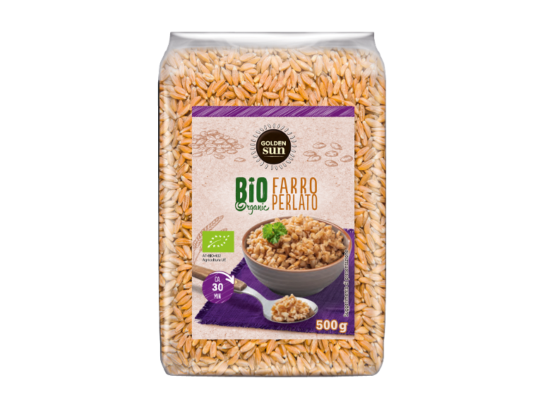 Golden Sun Bio Farro Perlato (pearled spelt) 500g package, with a bowl of cooked spelt.