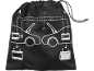 Black drawstring bag with a white diagram for jump-starting a car.
