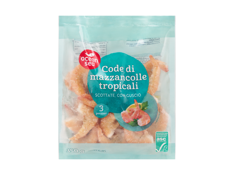 Blanched tropical shrimp tails with shell, 3 portions, 350g, ASC certified.